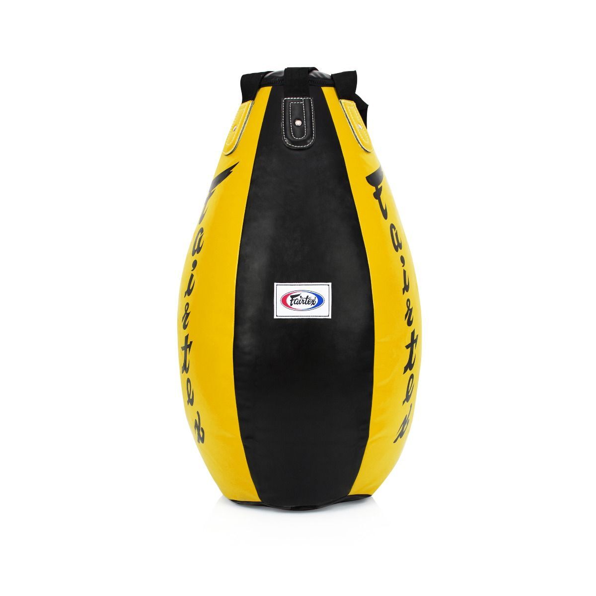 Black and yellow punching bag with a visible brand logo on a white background