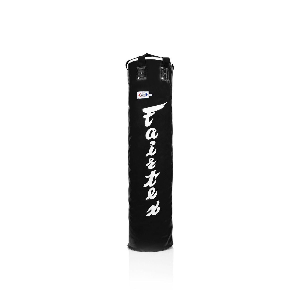 Black punching bag with 'Fairtex' branding on a white background