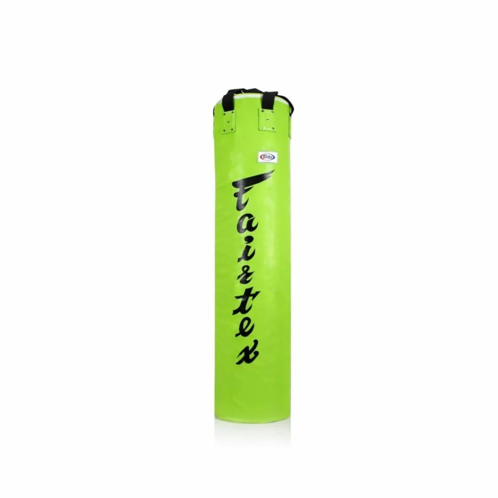 Lime green punching bag with Fairtex logo on a white background