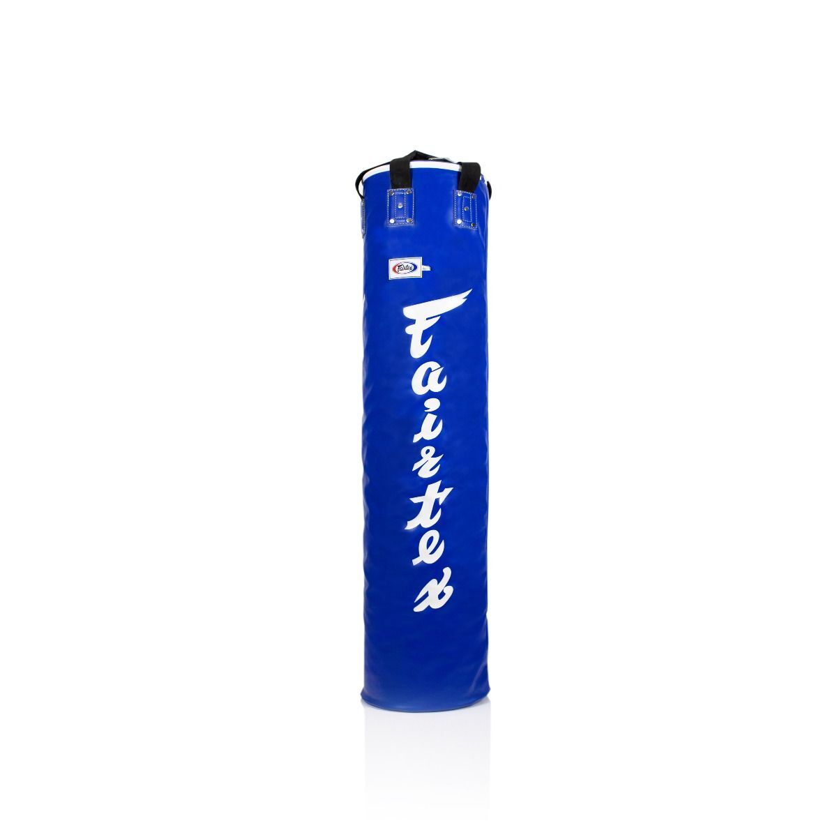Blue punching bag with 'Fairtex' branding on a white background