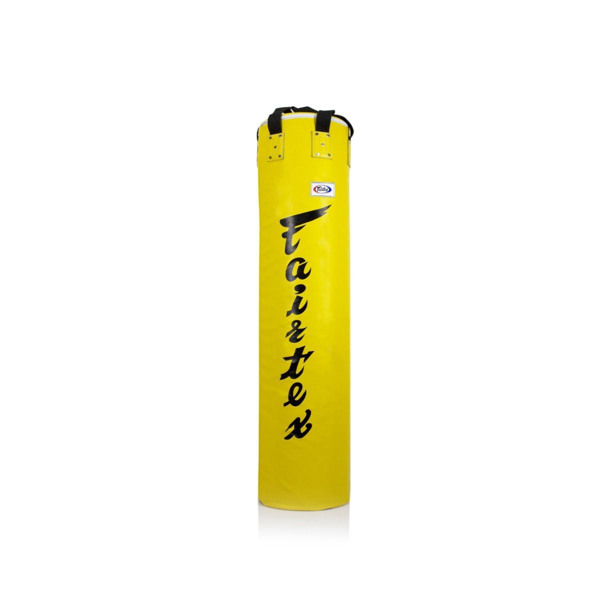 Yellow punching bag with 'Fairtex' branding on a white background