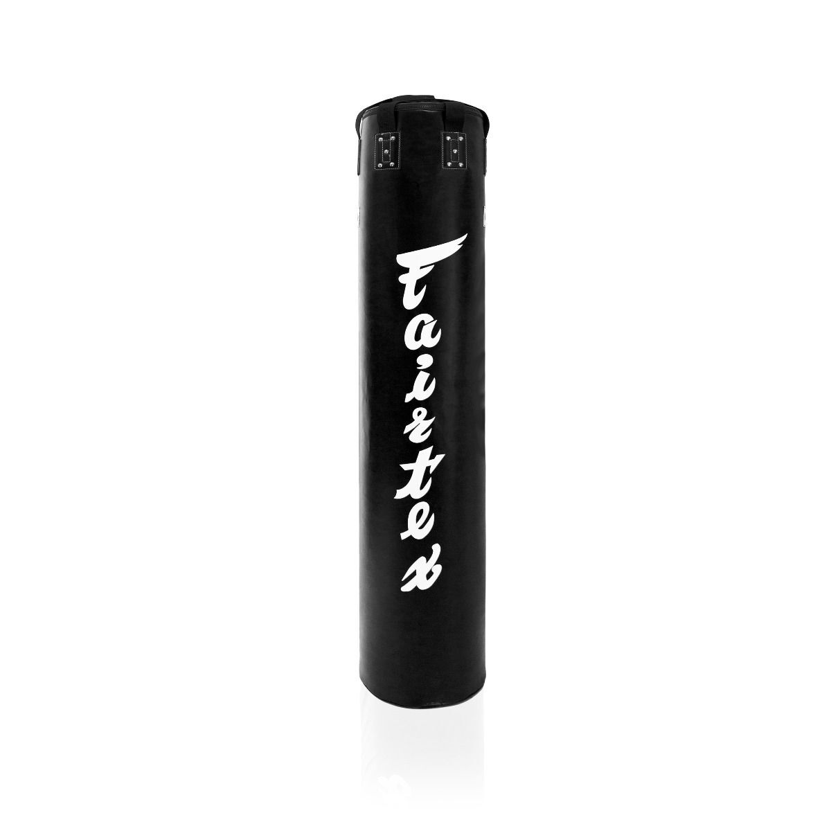 Black punching bag with 'Fairtex' branding on a white background