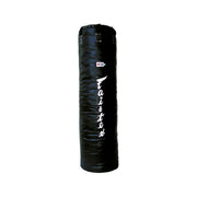 Black punching bag with a white Fairtex logo on a white background