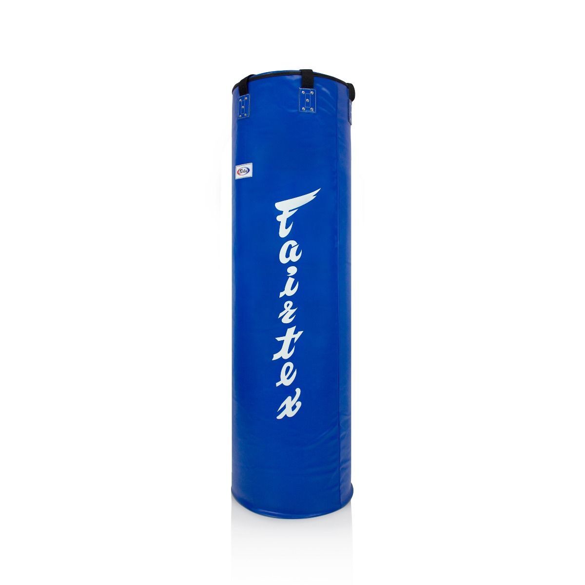 Blue punching bag with 'Fairtex' branding on a white background