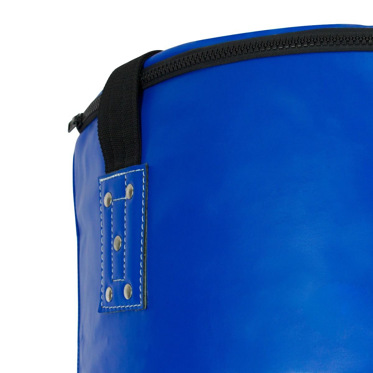 Close-up of a blue boxing bag with a black zipper on a white background