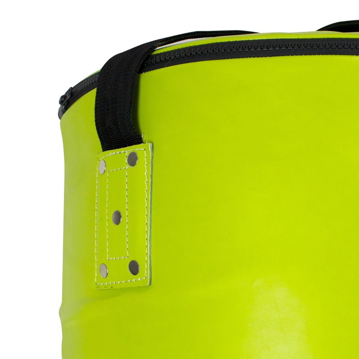 Close-up of a bright green bag with a black zipper on a white background