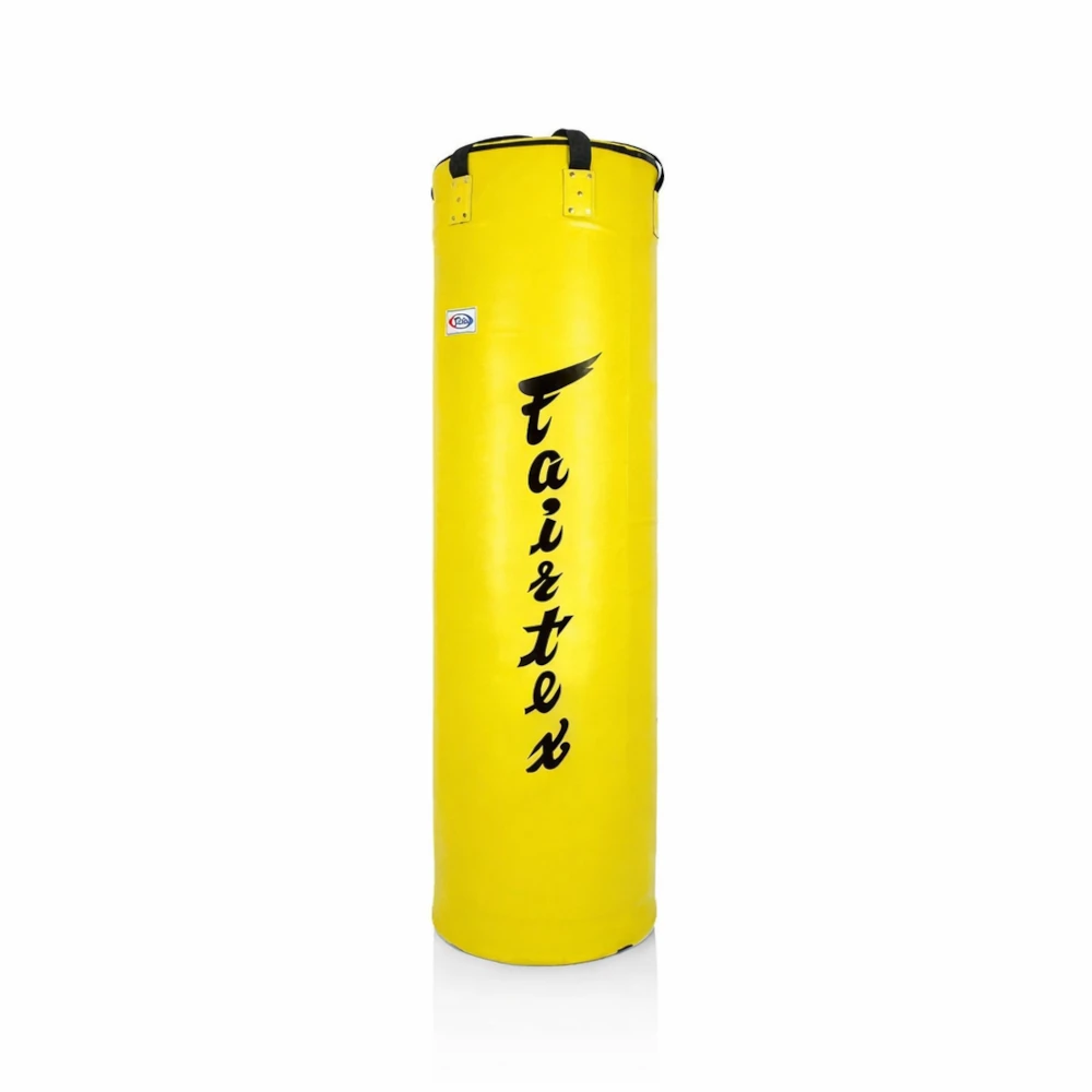 Yellow punching bag with 'Fairtex' branding on a white background