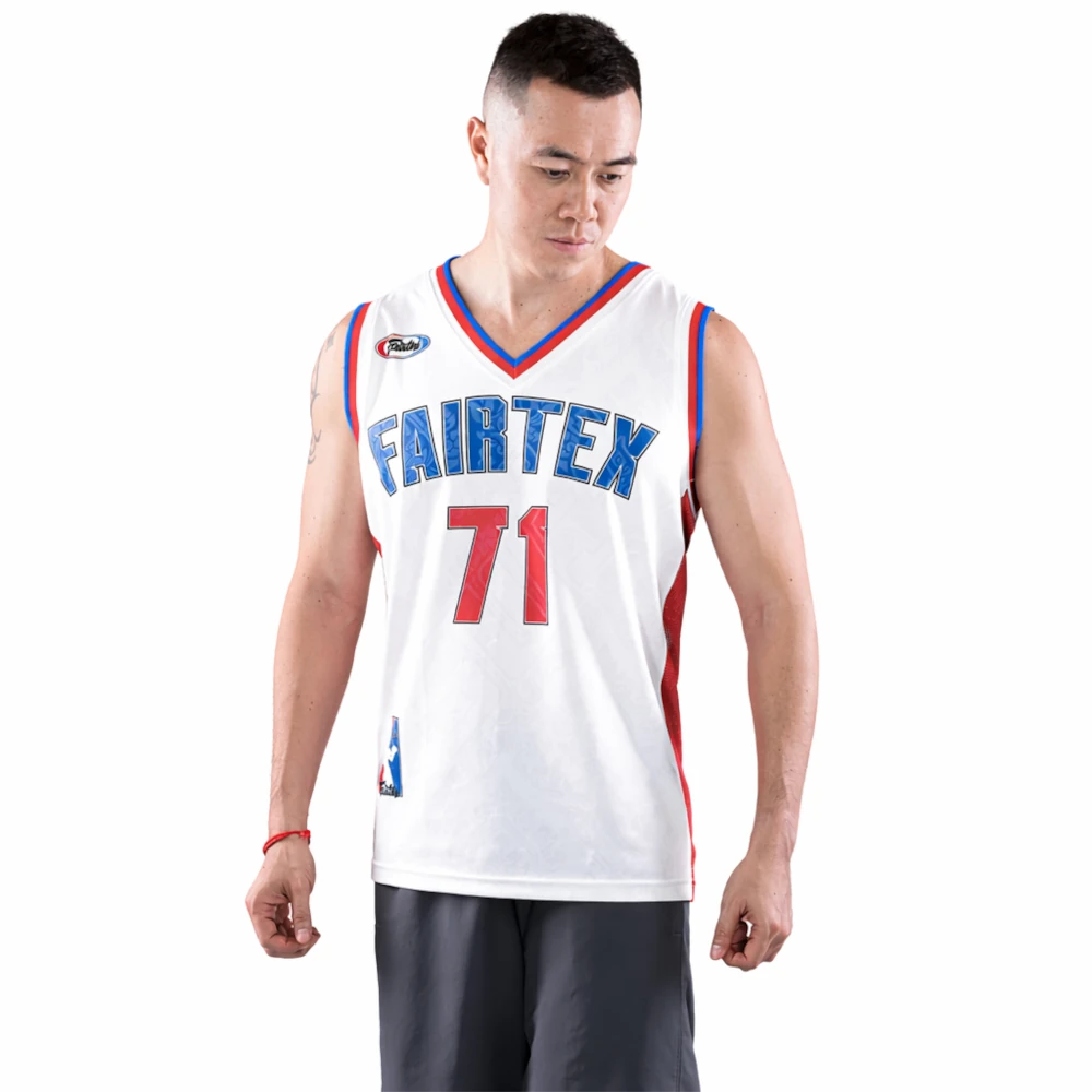 male wearing a white Fairtex basketball jersey with blue and red accents on a white background