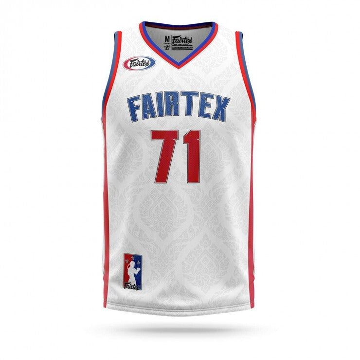 White boxing jersey with Fairtex branding and number 71 on a white background