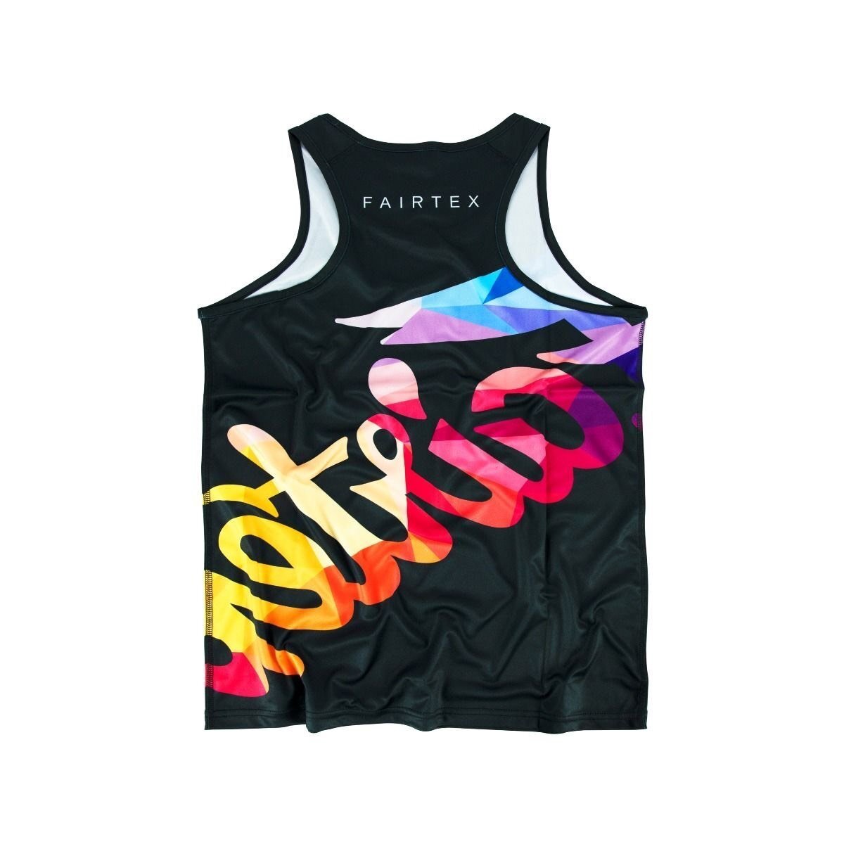 Black tank top with colorful 'Fairtex' branding on a white background