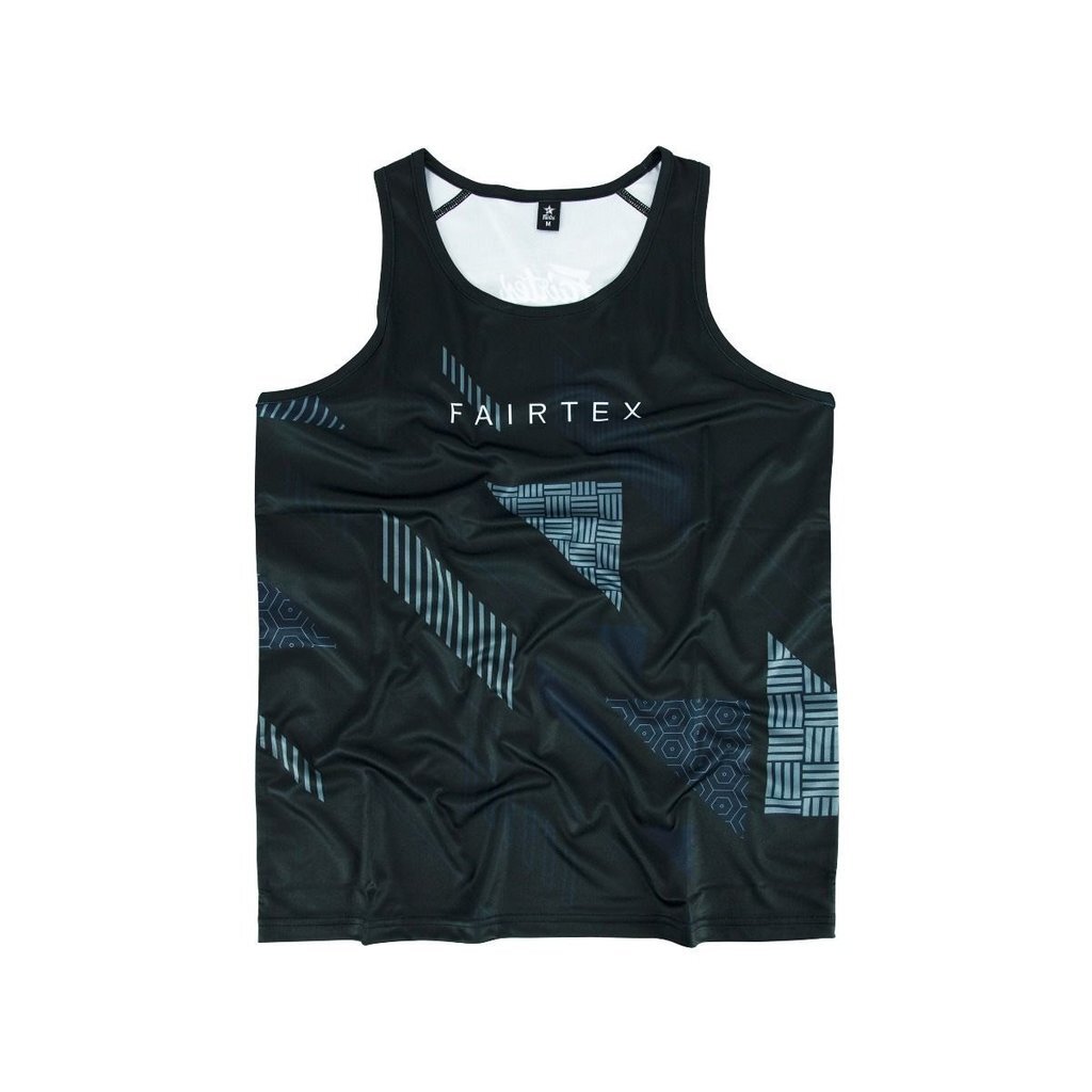 Black tank top with geometric patterns and Fairtex branding on a white background