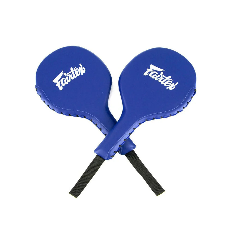 Two blue boxing paddles with 'Fairtex' branding on a white background