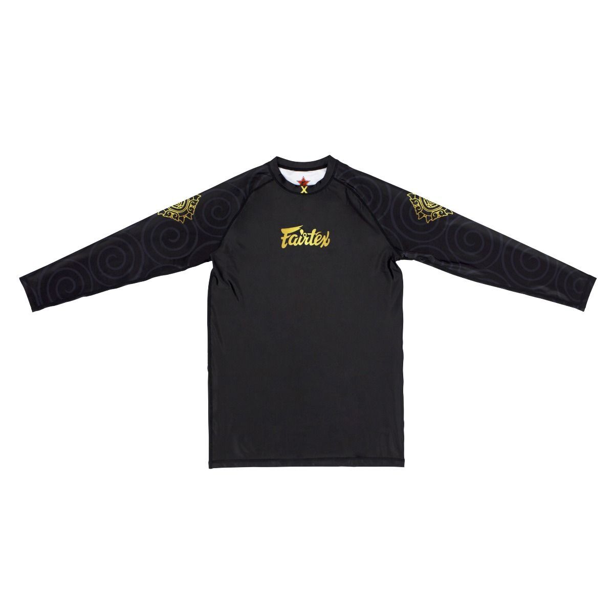 Black long-sleeve rash guard with gold logo and patterns on sleeves against a white background