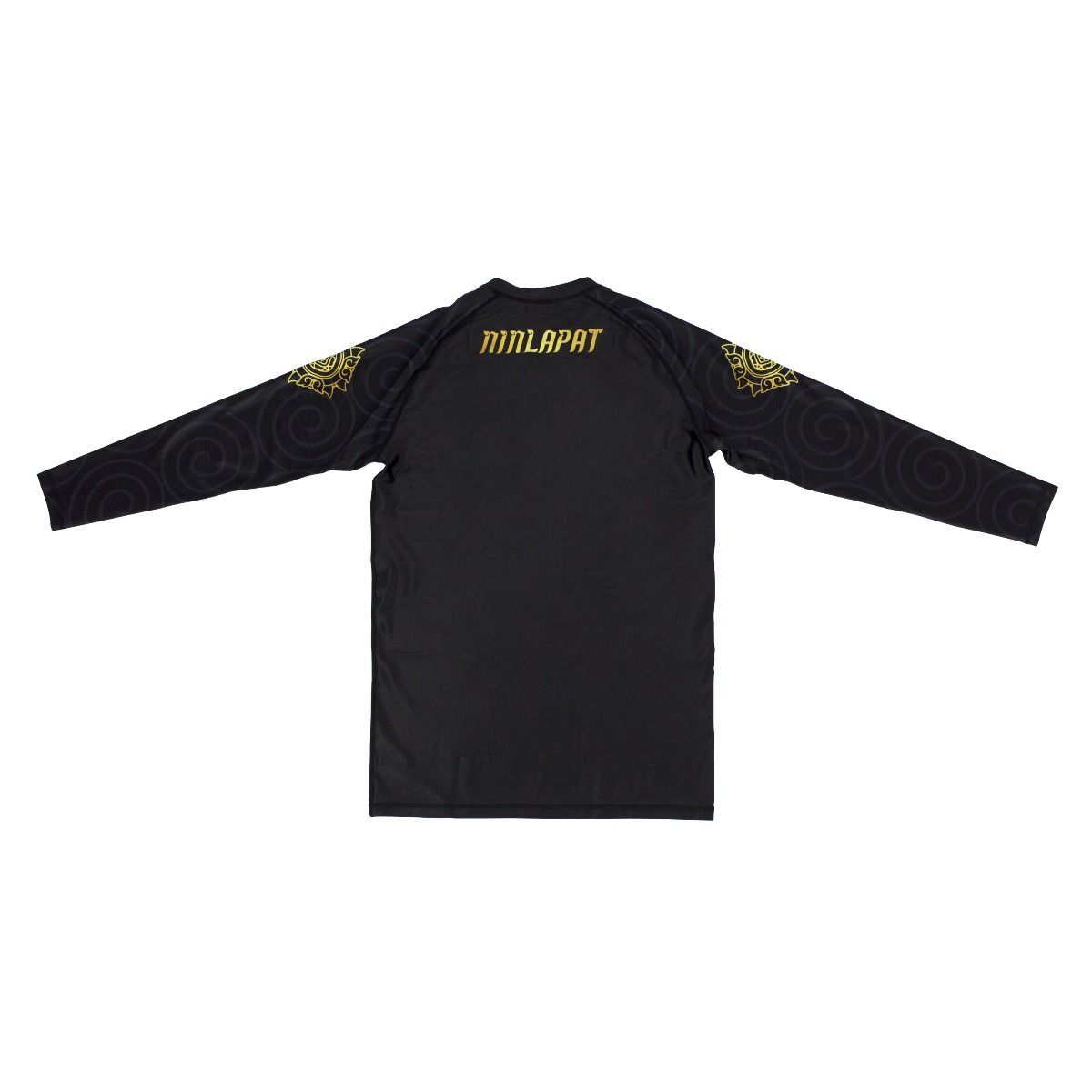 Black long-sleeve rash guard with gold text on a white background