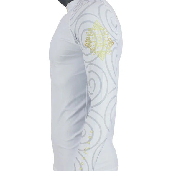 White long-sleeve rash guard with gold geometric pattern on a white background