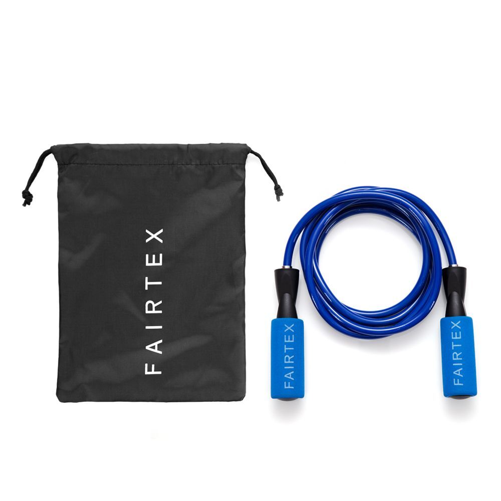 Blue Fairtex jump rope with black drawstring bag on a white background