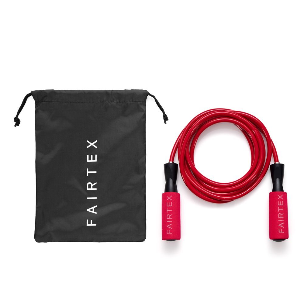Red Fairtex jump rope with black drawstring bag on a white background