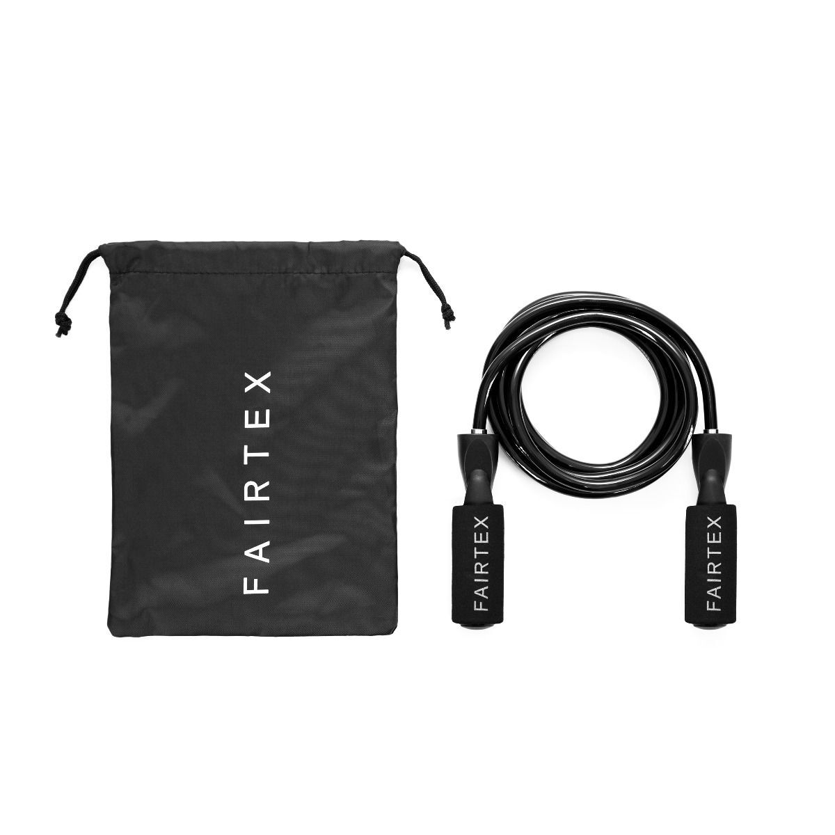Black Fairtex jump rope with carrying bag on a white background