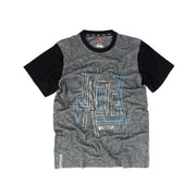 Gray t-shirt with black sleeves and graphic design on a white background