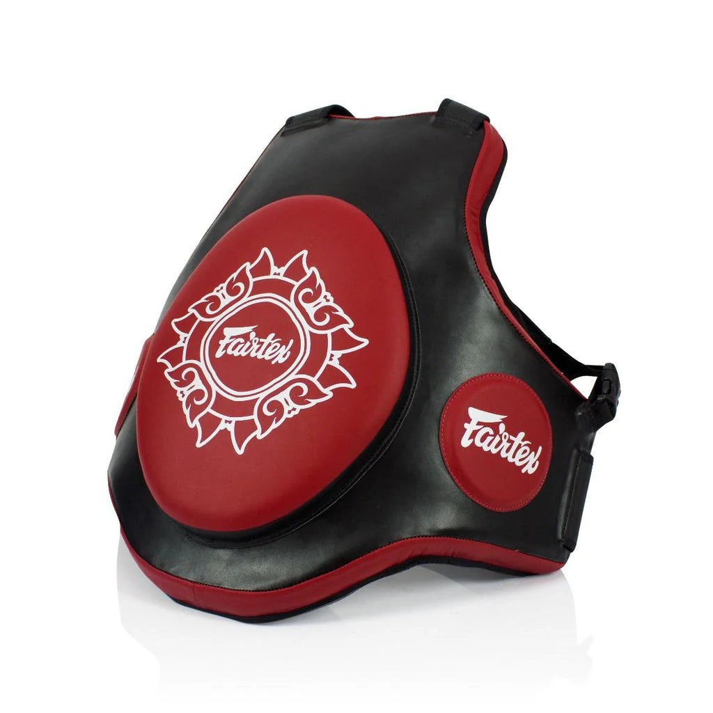 Black and red Fairtex Muay Thai training vest on a white background