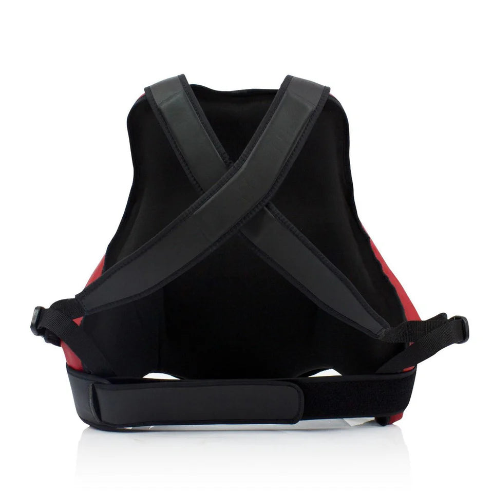 Black and red Muay Thai body protector showing off it's shoulder and waist pull-back straps.