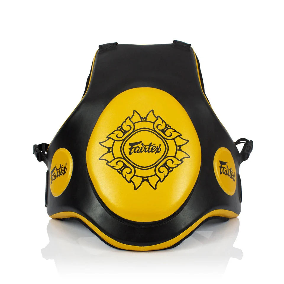 Black and yellow Fairtex protective body vest on a white background