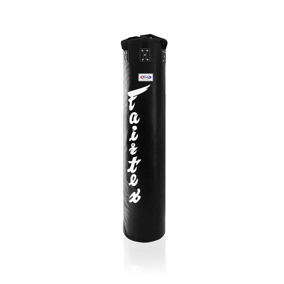 Black punching bag with 'Fairtex' branding on a white background