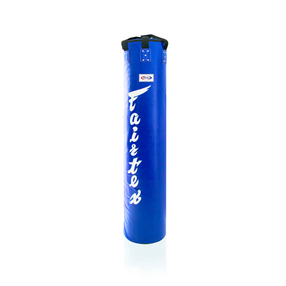 Blue boxing bag with Fairtex branding on a white background