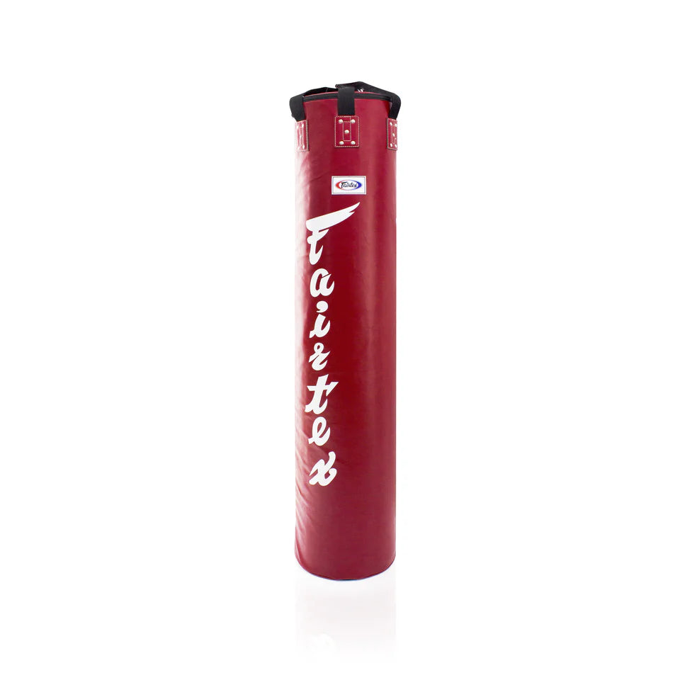 Red punching bag with white Fairtex logo on a white background