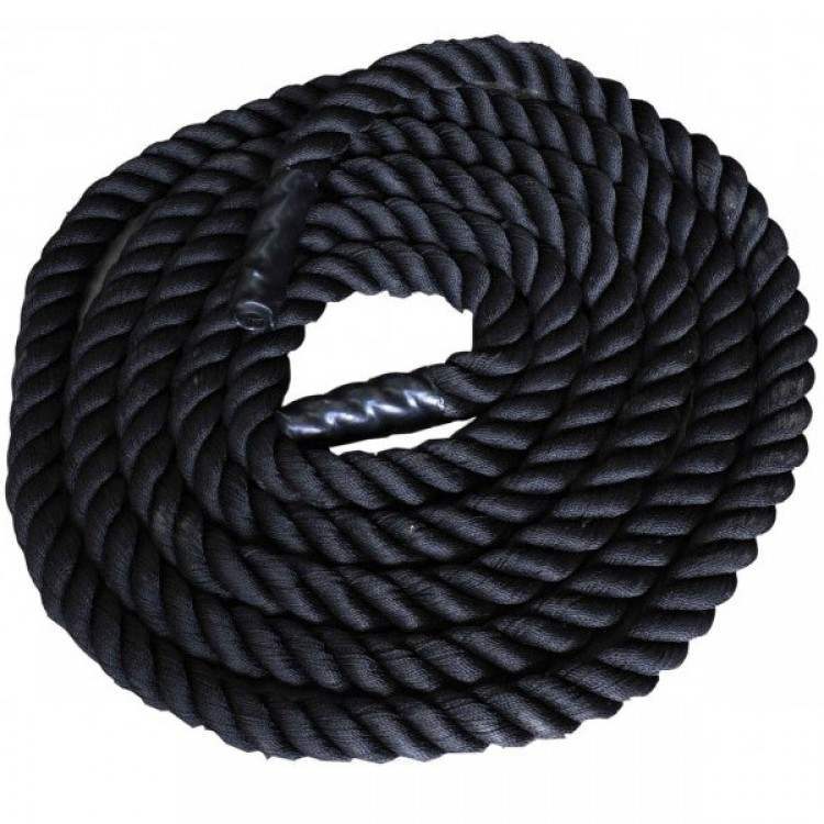 Coiled black fitness rope on a white background