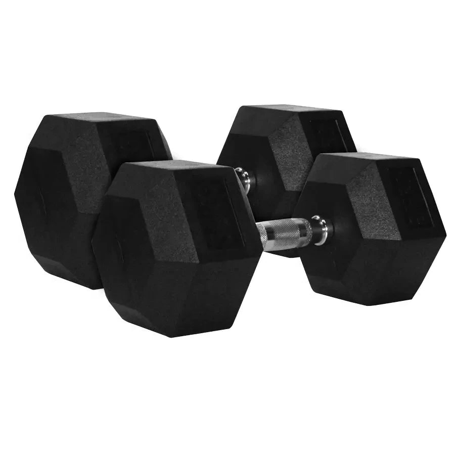 Pair of black hexagonal dumbbells on a white background