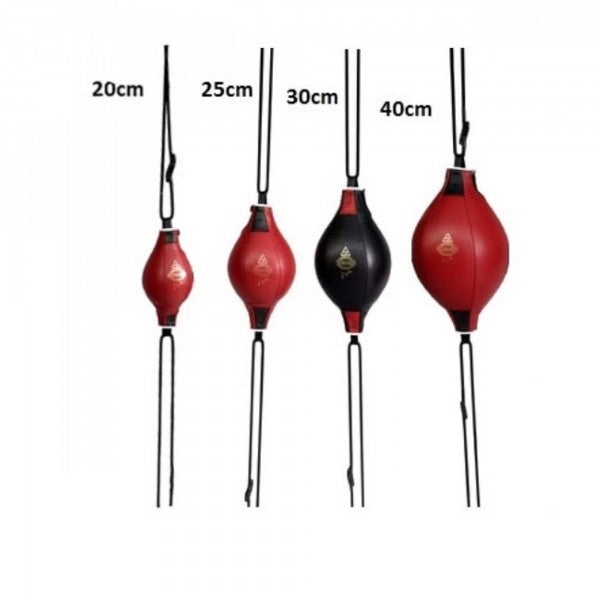 Set of red and black punching bags with measurement labels on a white background