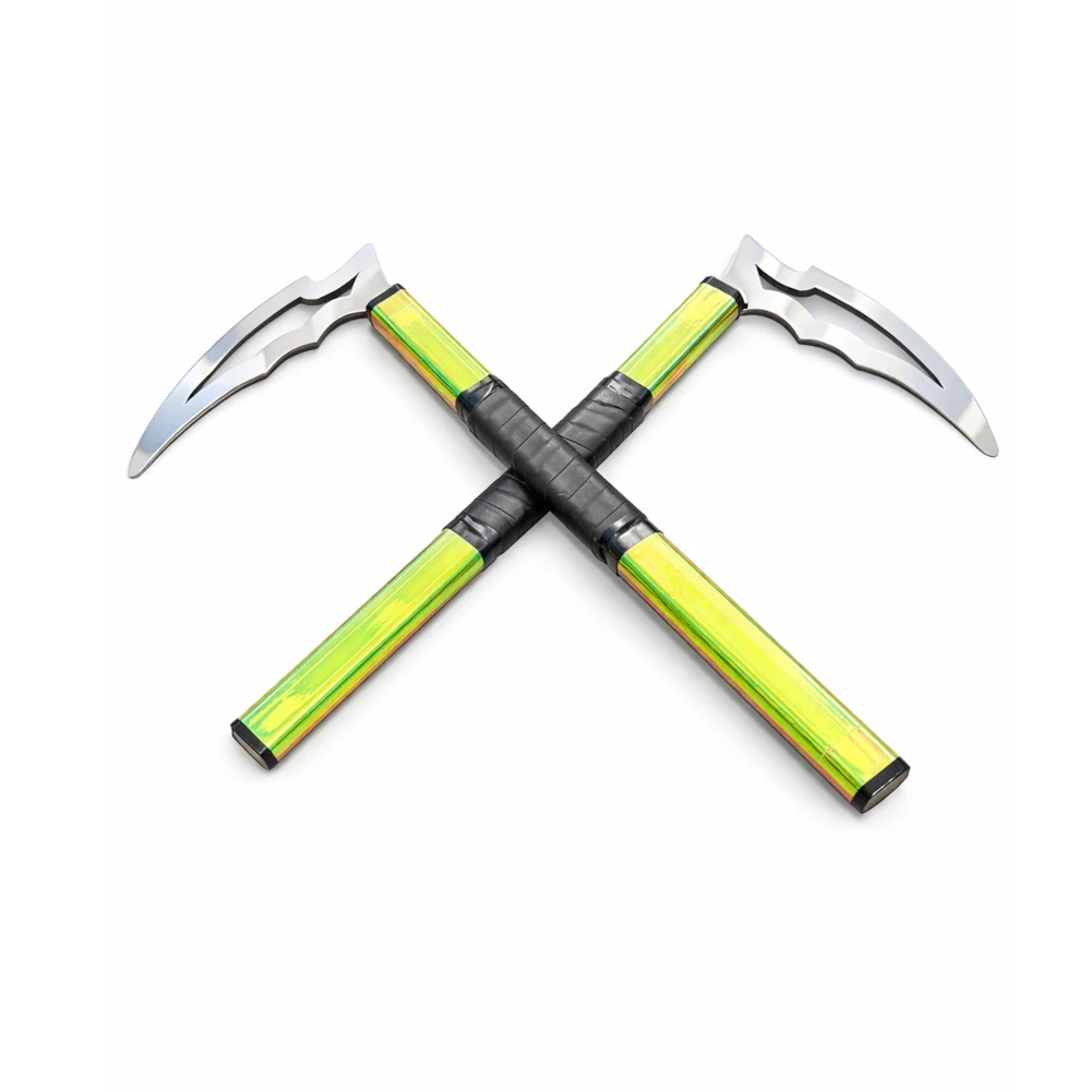 Two kamas with colourful handles crossed on a white background