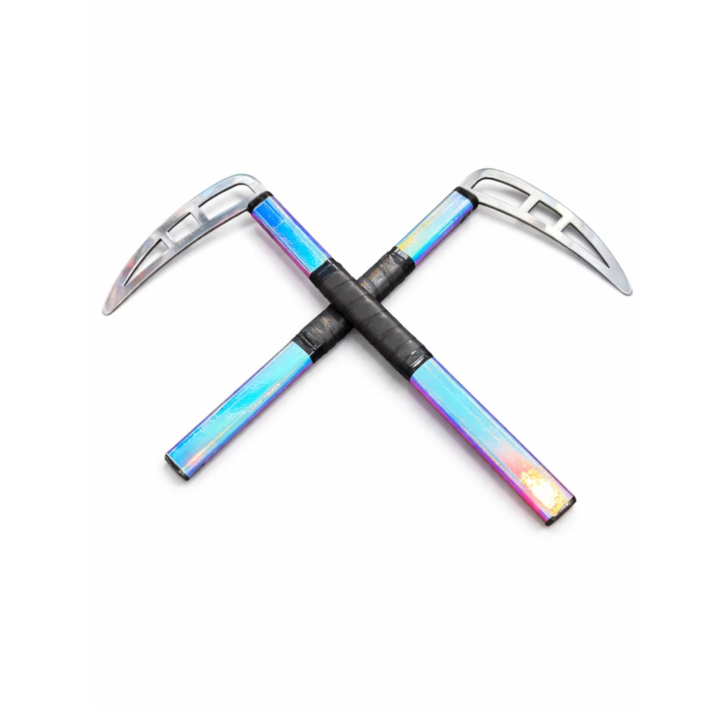 Two kamas with colourful handles crossed on a white background