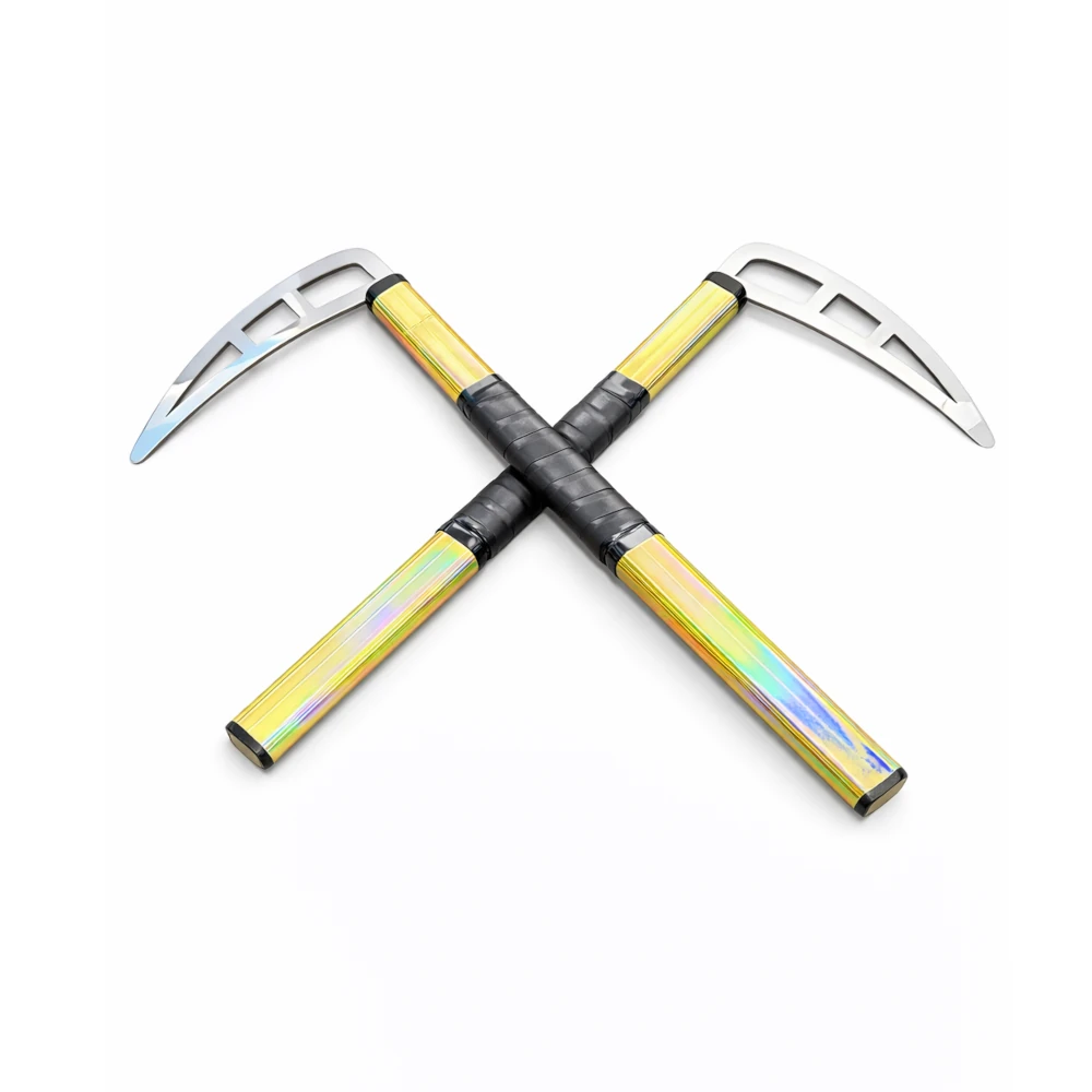 Two kamas with colourful handles crossed on a white background