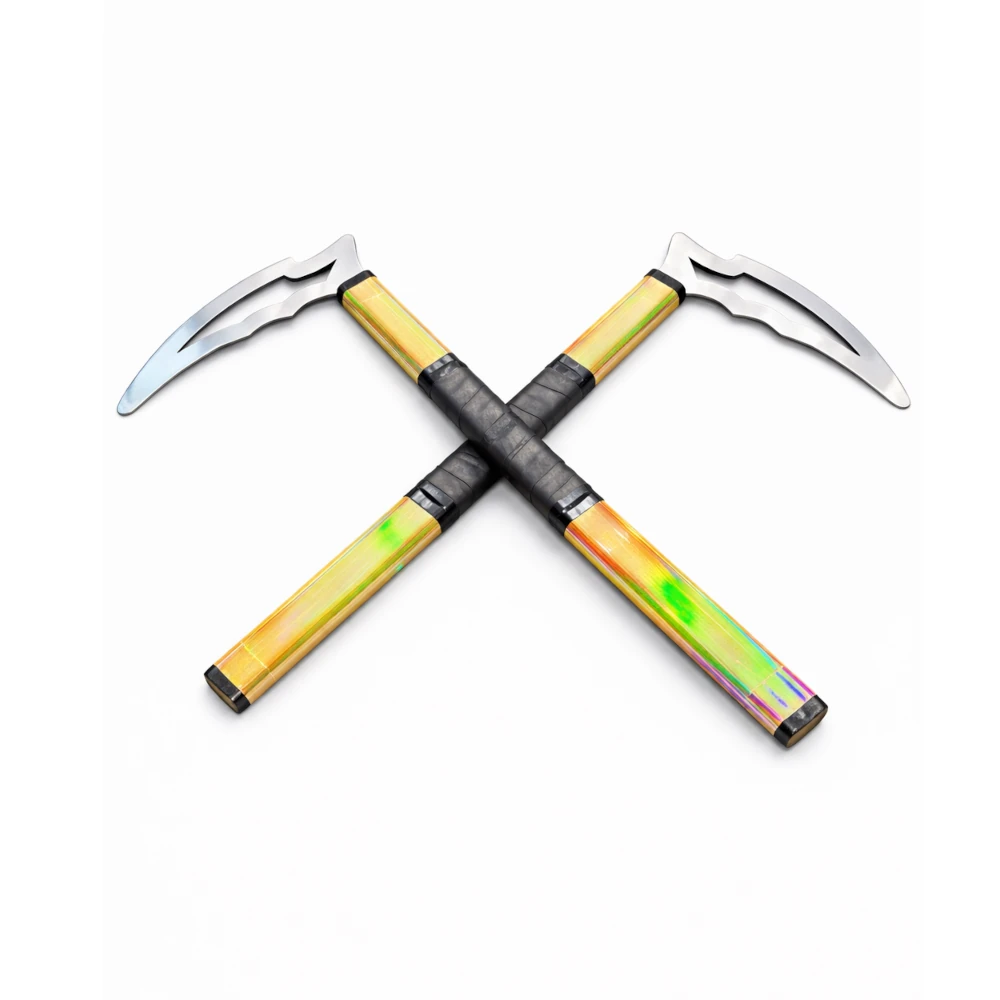 Two kamas with colourful handles crossed on a white background