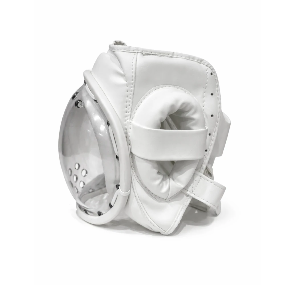 White Koshiki headgear with clear face guard on a white background