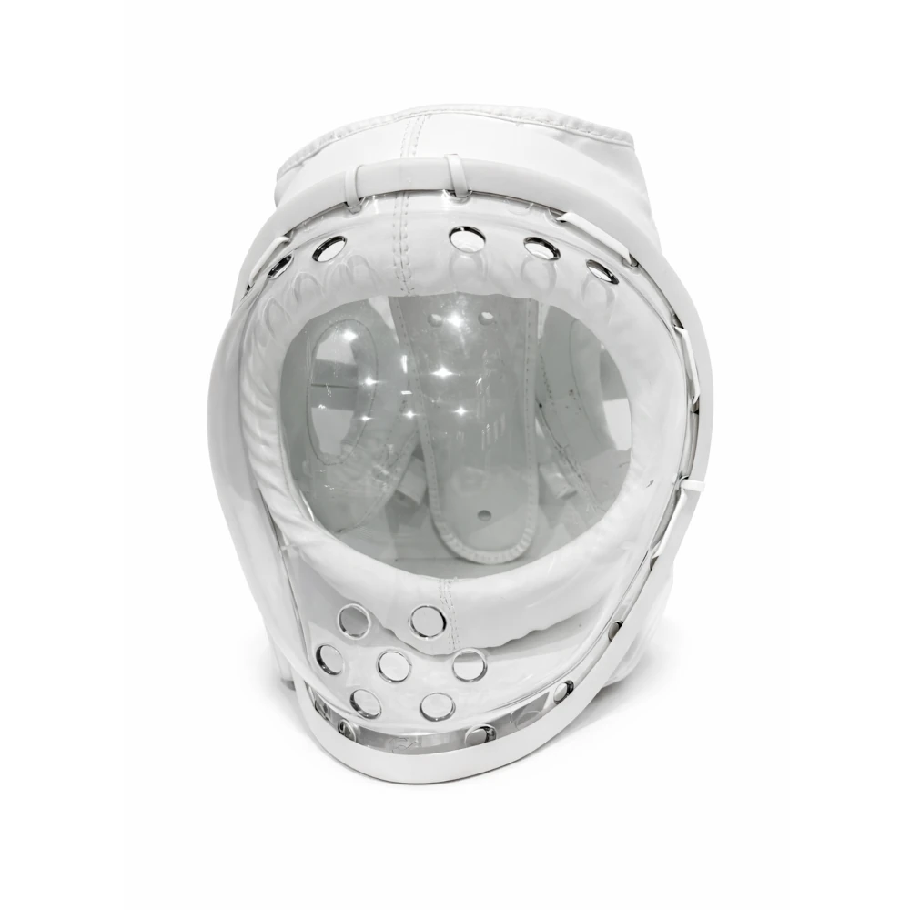 White protective Koshiki helmet with clear face guard on a white background