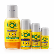 Four bottles of boxing liniment with yellow labels and gray caps on a white background