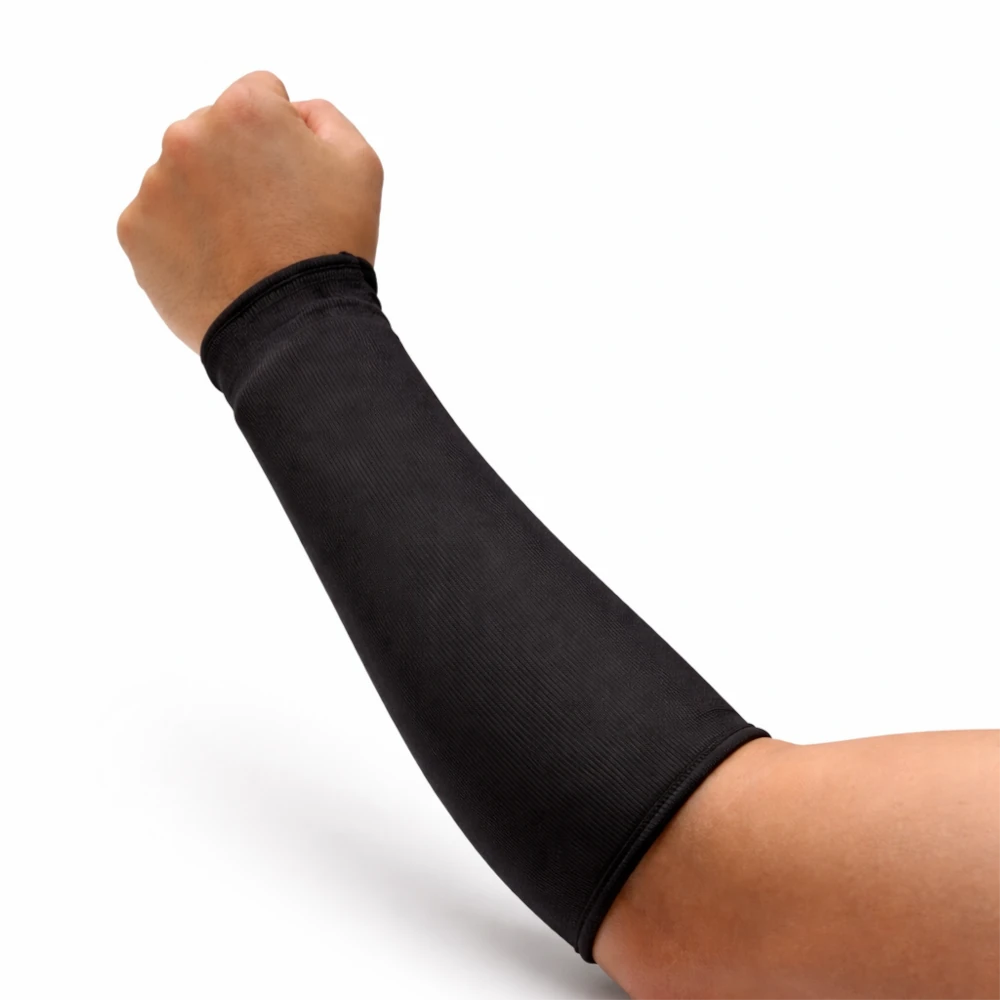 Black MSA cloth arm guard on a person's arm against a white background