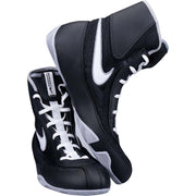 Black and white boxing shoes with a brand logo on a white background