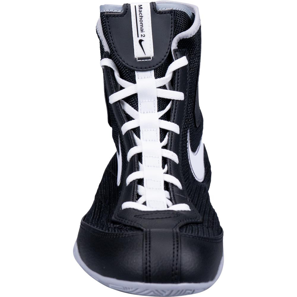 Black and white boxing shoe with Nike logo on a white background