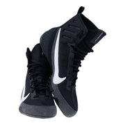Black and gray boxing shoes with a prominent brand logo on a white background