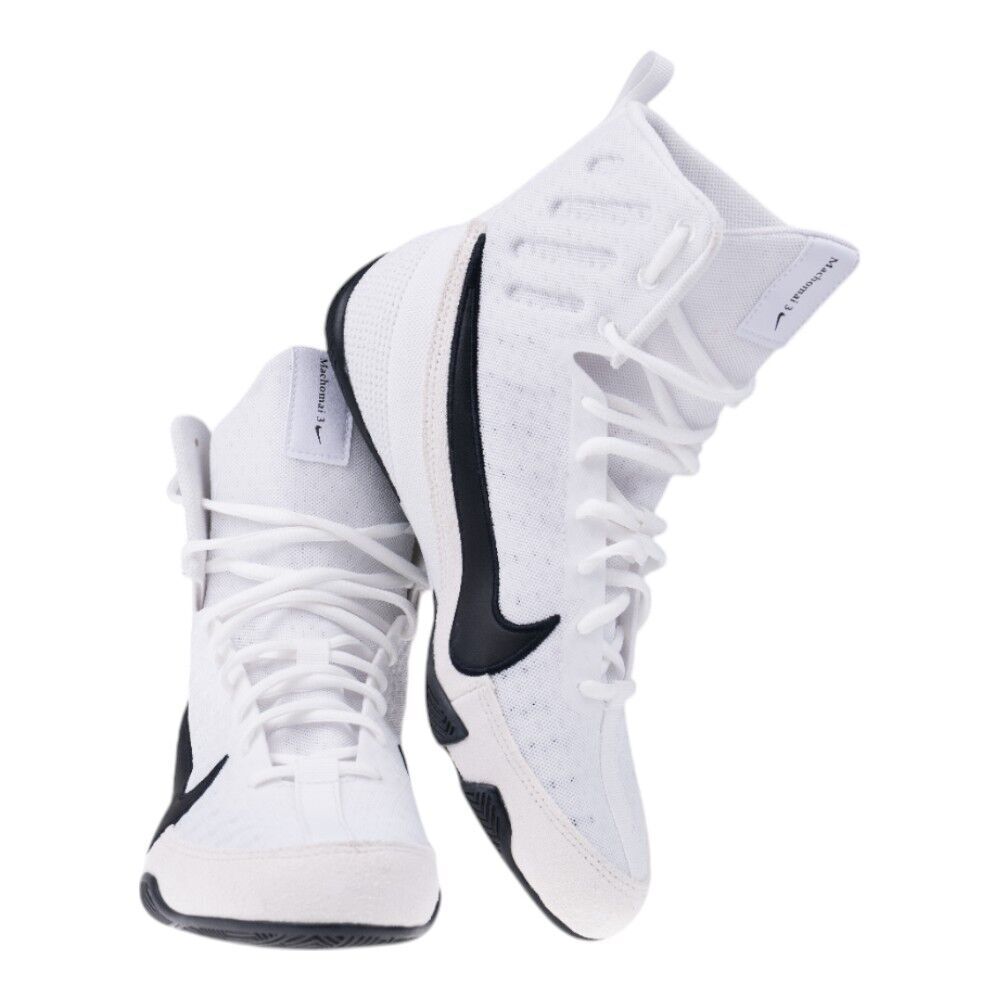 White boxing shoes with black swoosh logo on a white background