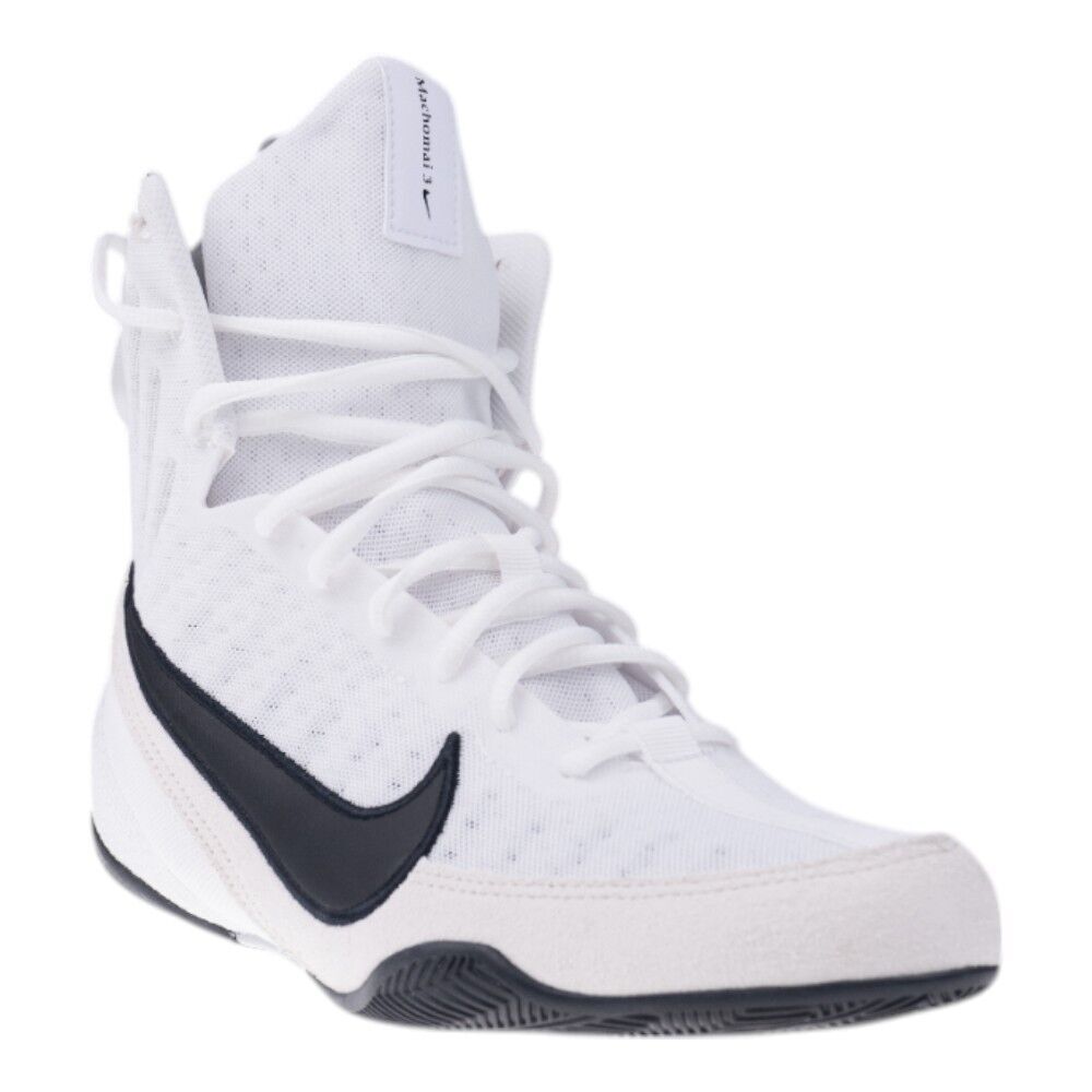 White high-top boxing sneaker with black swoosh logo on a white background