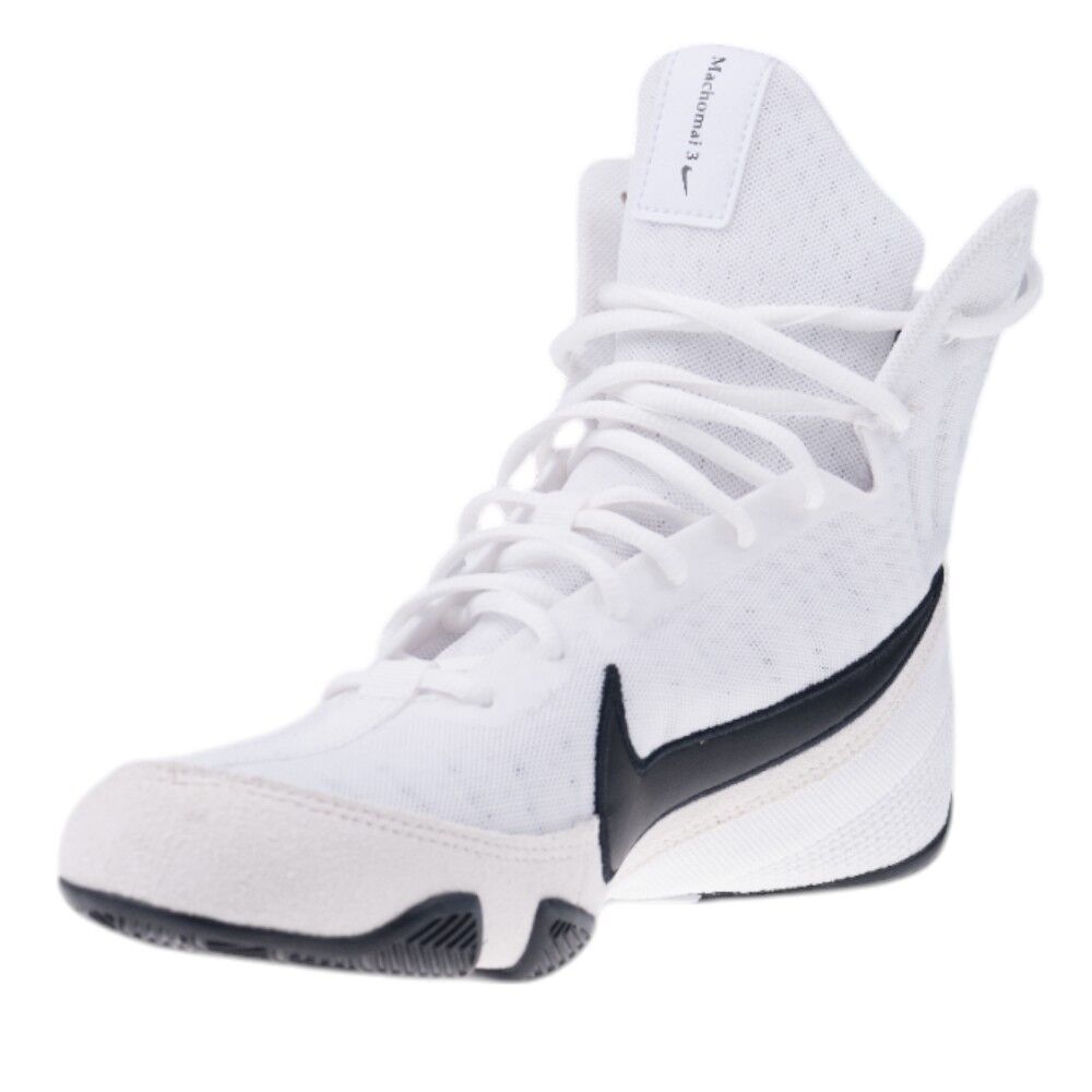 White high-top boxing sneaker with black accents on a white background