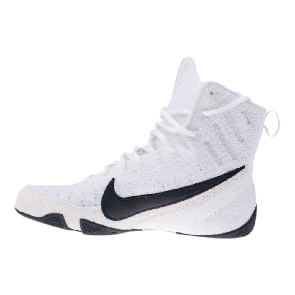 White high-top sneaker with black swoosh logo on a white background