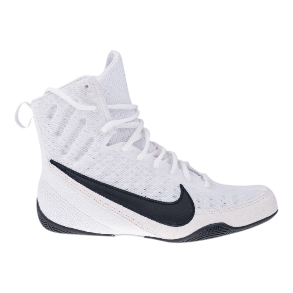 White high-top boxing sneaker with black swoosh logo on a white background