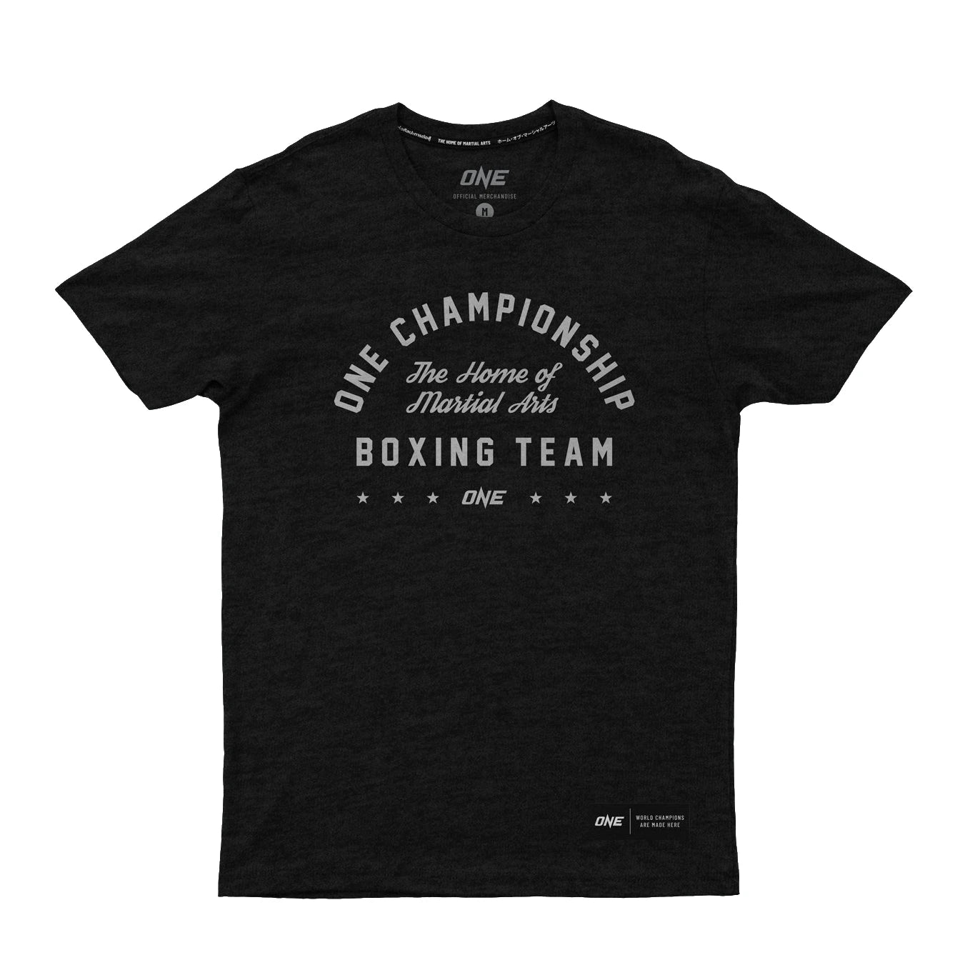 Black t-shirt with white text on a white background