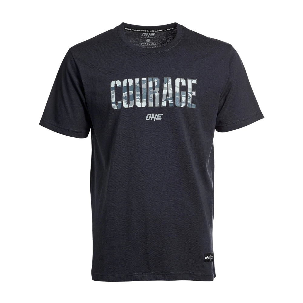 Black t-shirt with 'COURAGE' printed on it against a white background